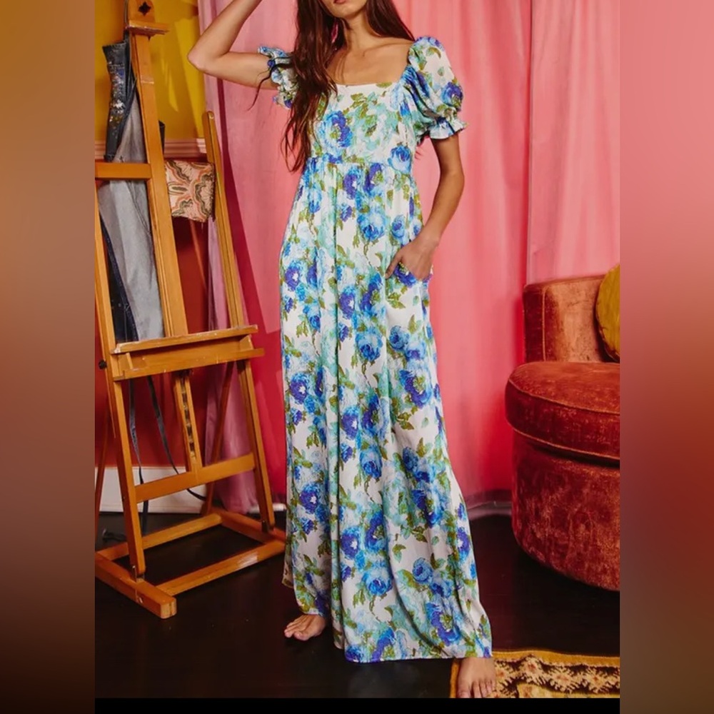 NWT 2025 Floral Blue and Green Maxi jumpsuit